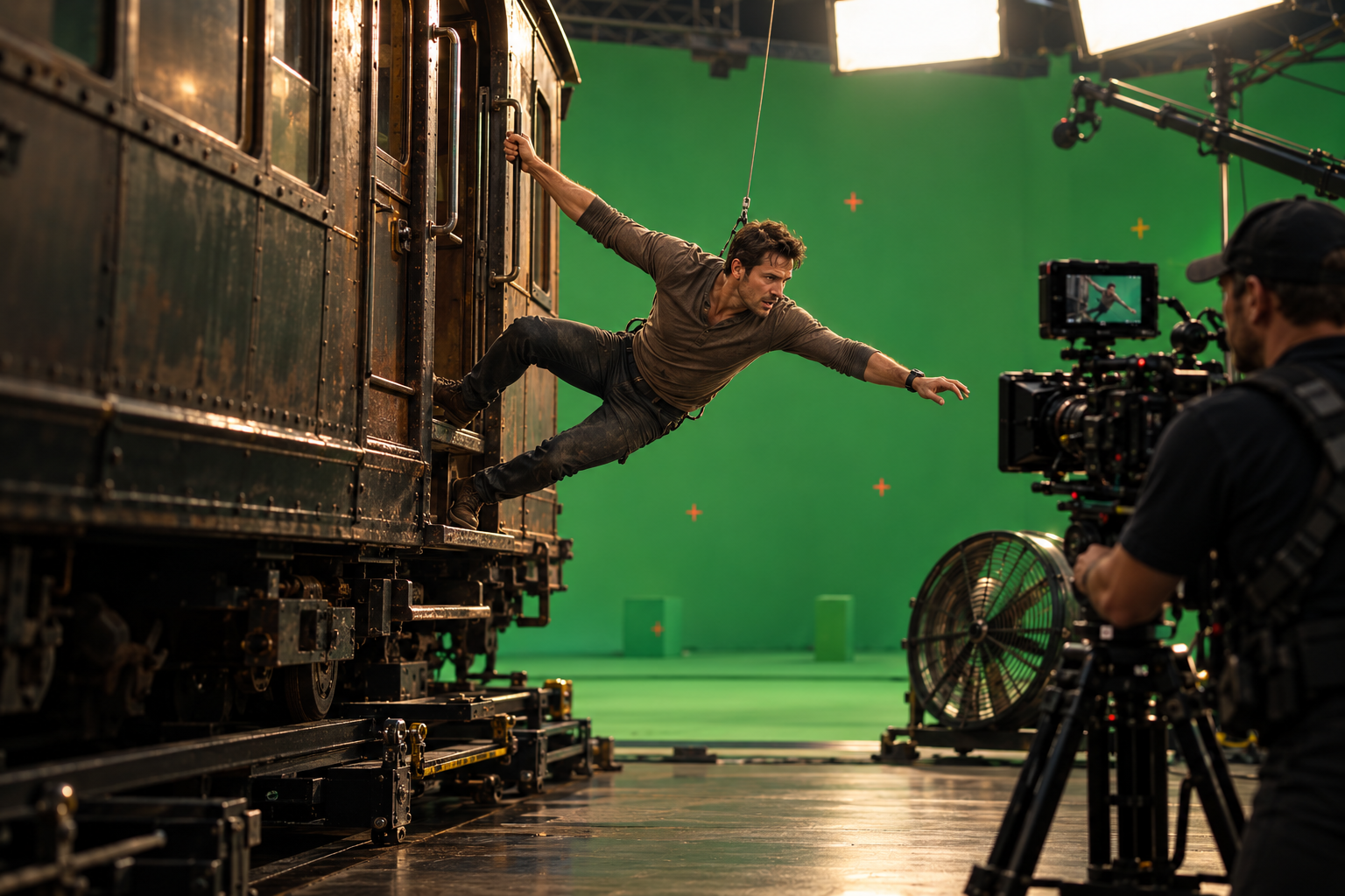 An actor hanging from a train carriage on a green-screen film set, with a cinema camera and production equipment visible