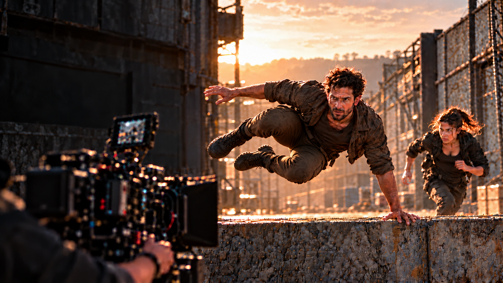 Actors performing a wall vault on an urban film set at golden hour